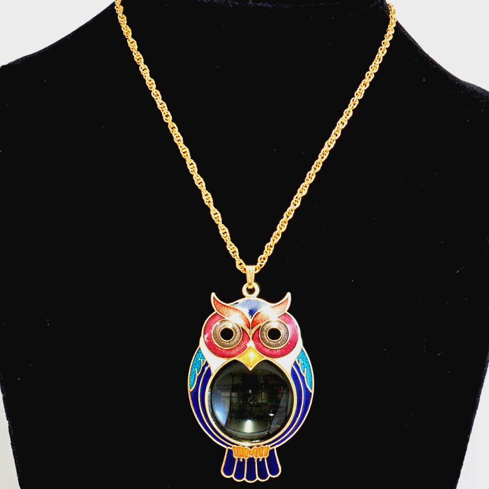cloisonne owl pattern necklace of magnifier